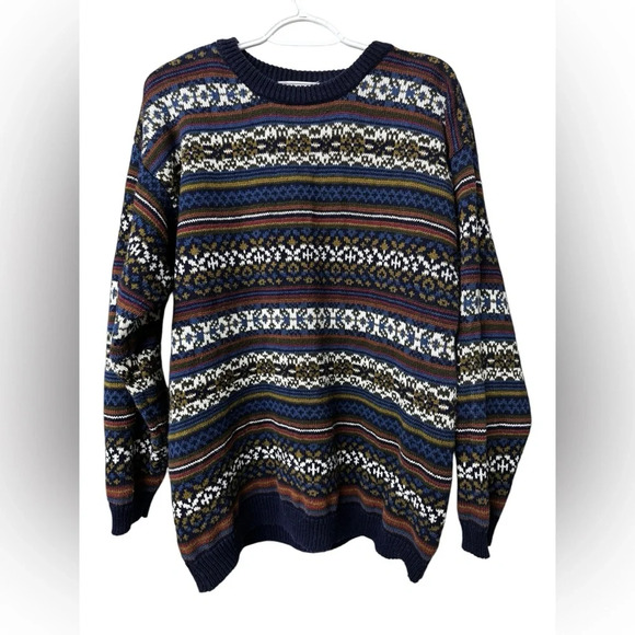 Bugle Boy Other - Vintage 80s 90s Bugle Boy Ramie Cotton Blend Navy Blue White Chunky Sweater L